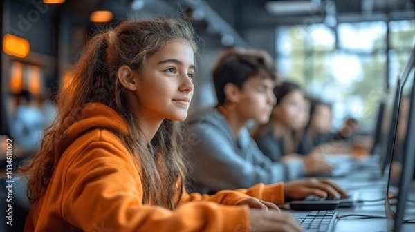 Fototapeta students engaging in digital classroom activities vi online courses highlighting the modern approach to remote learning and e learning for kids