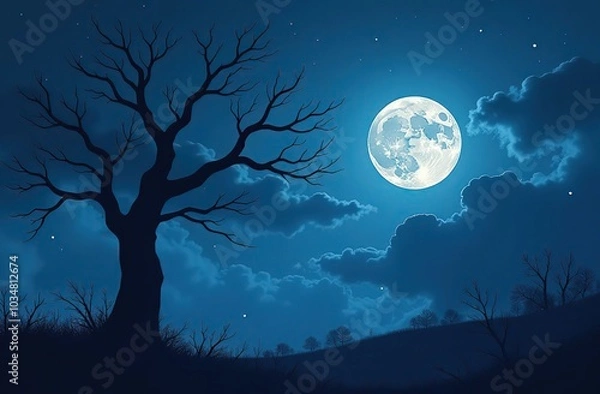 Fototapeta The silhouette of a spooky bare branch halloween tree against a winter blue night sky with a glowing full moon and clouds