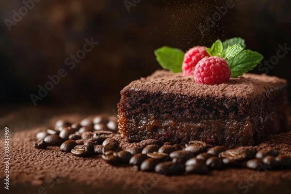 Fototapeta Chocolate Cake with Raspberry and Coffee Beans