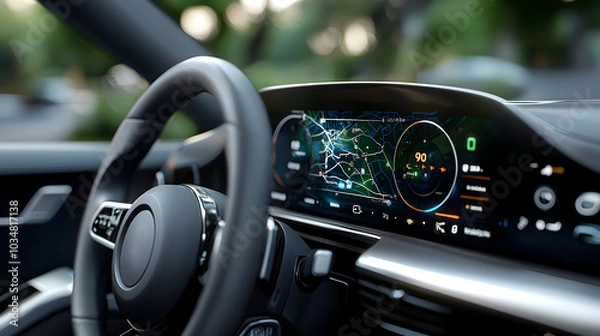 Fototapeta Sleek and Futuristic 3D of a Car Dashboard with Glowing GPS Navigation Overlay and Cutting Edge Digital Controls and Interface