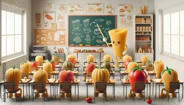 Obraz A classroom where 3d rendered pasta cartoon characters are learning how to become delicious meals. A spaghetti teacher draws diagrams on a blackboard.