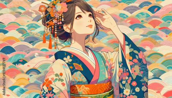 Obraz 浮世絵（Ukiyoe）／着物を着た美人画 イラスト
