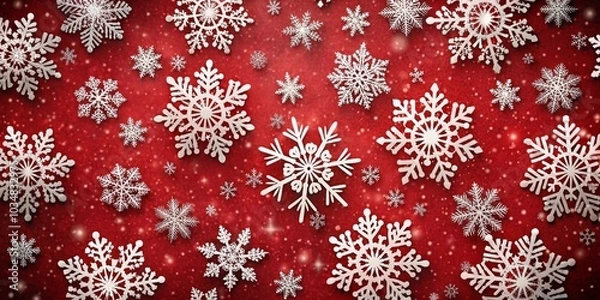 Obraz White Snowflakes on Red Background with Sparkling Effect, Christmas, Winter