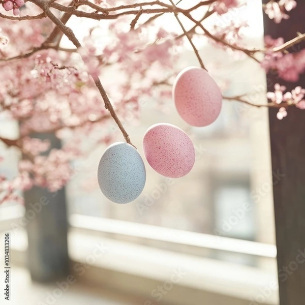 Obraz Colorful Easter eggs hanging on a cherry blossom branch.