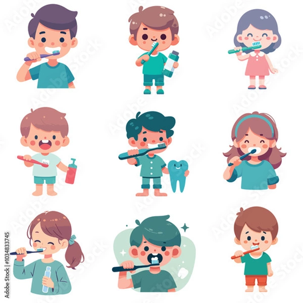 Obraz set collection cute kid brushing teeth flat design vector