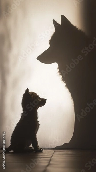 Fototapeta A small dog sits in front of a larger dog