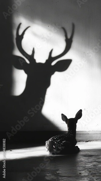 Fototapeta A deer is sitting on the ground in front of a wall