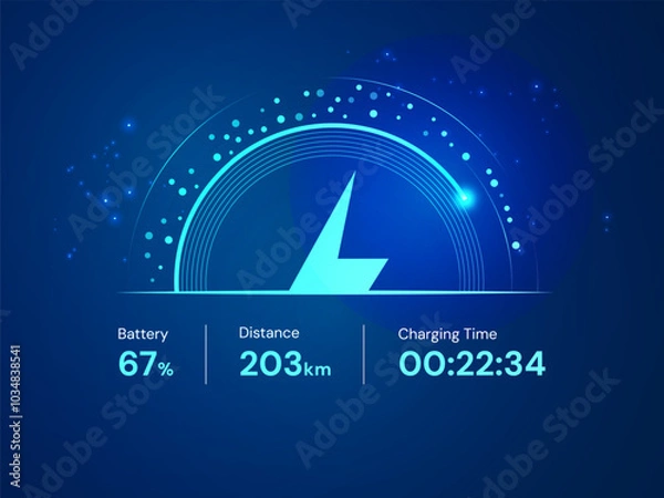 Obraz Electric Vehicle battery charging Dashboard Hologram Interface with lightning bolt symbol, technology circle Round loading bar vector design concept. Battery charging dashboard for ui, ev car, tech.