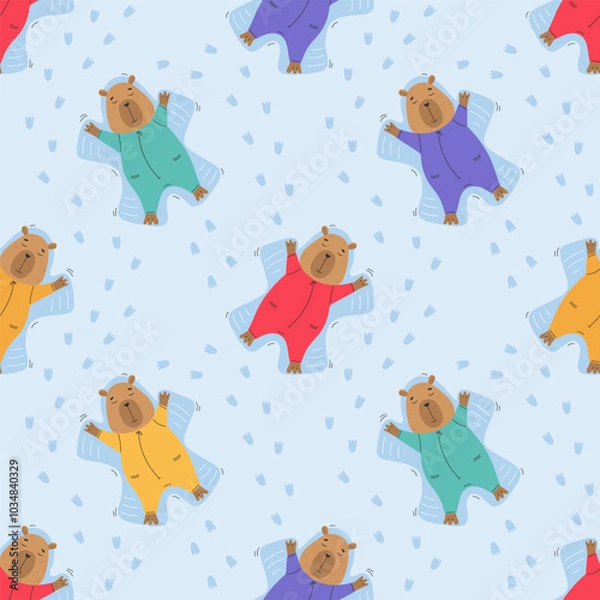 Fototapeta Capybara making snow angels seamless pattern