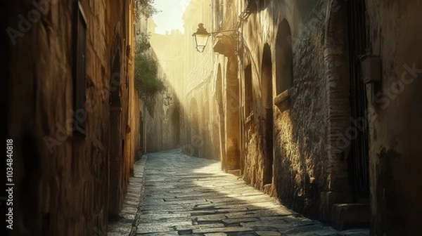 Fototapeta A narrow alleyway with a street lamp in the middle