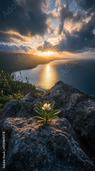 Fototapeta A small white flower is growing on a rock near the ocean