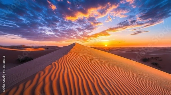 Fototapeta A beautiful sunset over a desert landscape with a sand dune in the foreground