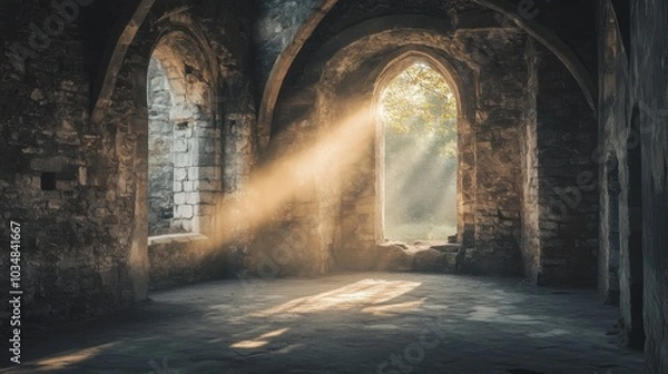 Fototapeta A large room with two windows and a sunbeam shining through one of them
