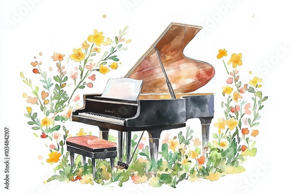 Fototapeta A watercolor illustration of a grand piano surrounded by vibrant flowers, symbolizing art and music in a serene nature setting.