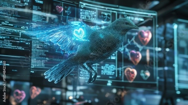 Fototapeta Holographic heart scan of a bird in mid-flight, surrounded by futuristic data panels