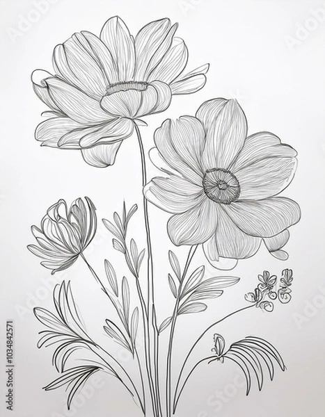 Fototapeta Collection of continuous line drawings of flowers, presented as single-line illustrations of plants. These minimalist prints are created in vector format
