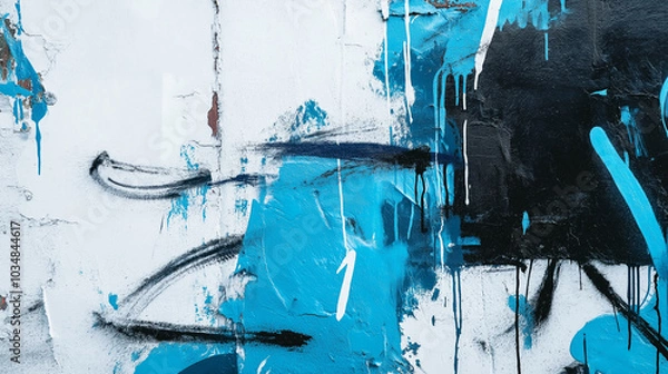 Fototapeta Abstract art background with blue, black, and white paint splatters and drips