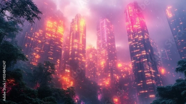 Fototapeta Cityscape with Fog and Neon Lights