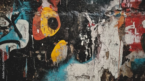 Fototapeta Abstract colorful graffiti art on a brick wall. Urban street art with vibrant colors, textures, and patterns