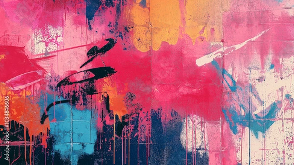Fototapeta Abstract colorful art painting background with vibrant pink, blue, orange, and black paint splatters