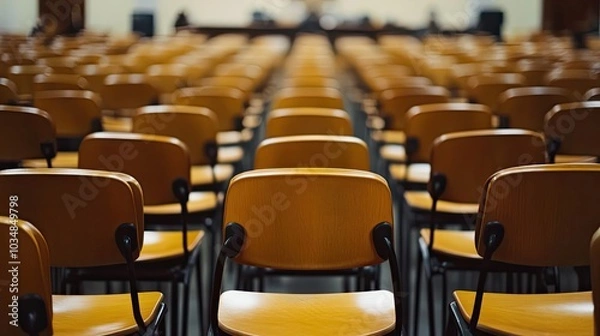 Fototapeta Rows of Empty Wooden Chairs in a Lecture Hall