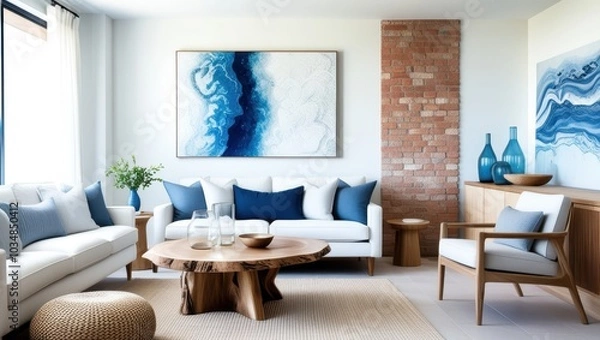 Fototapeta modern living room, coastal style, white sofa, blue and gray throw pillows, large abstract blue and white artwork, natural wood coffee table, live edge table, exposed brick wall, minimalist decor, gla