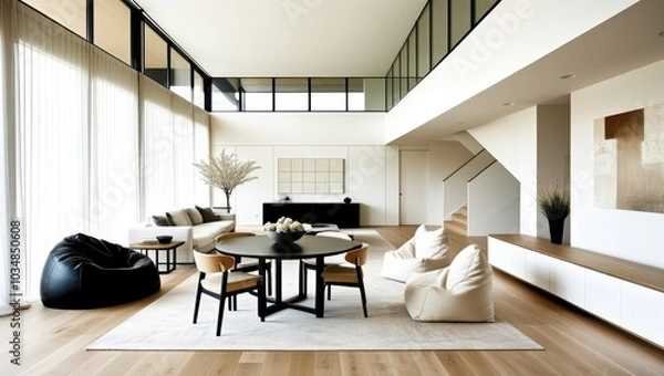 Fototapeta Modern minimalist interior, open concept living space, white brick wall, large windows, natural light, wooden floors, round black dining table, contemporary dining chairs, organic-shaped poufs, sleek 