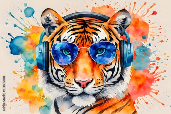 Obraz Watercolor painting of tiger with headphones and sunglasses on the abstract background.