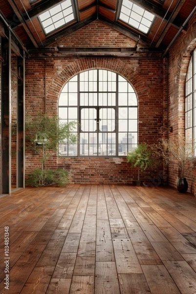 Fototapeta Large windows and exposed brick create a spacious and airy loft space. AI.