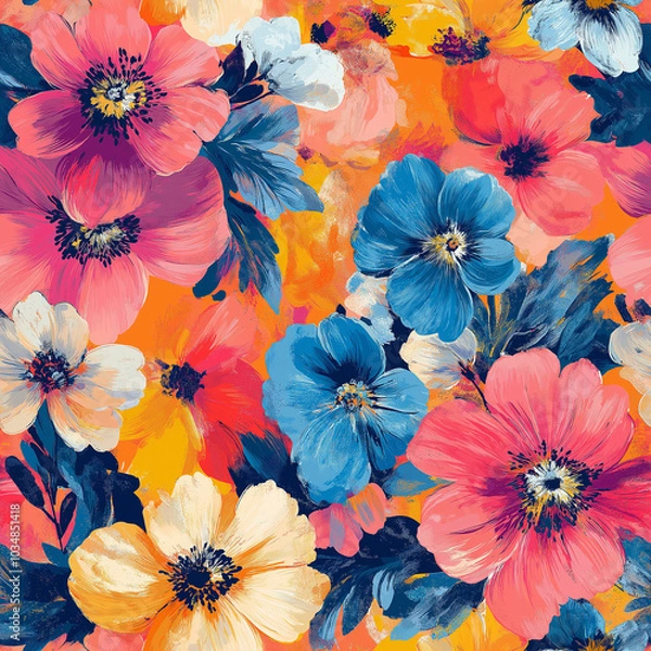 Fototapeta A vibrant floral pattern featuring blooming flowers and soft petals arranged in a seamless pattern with a modern design