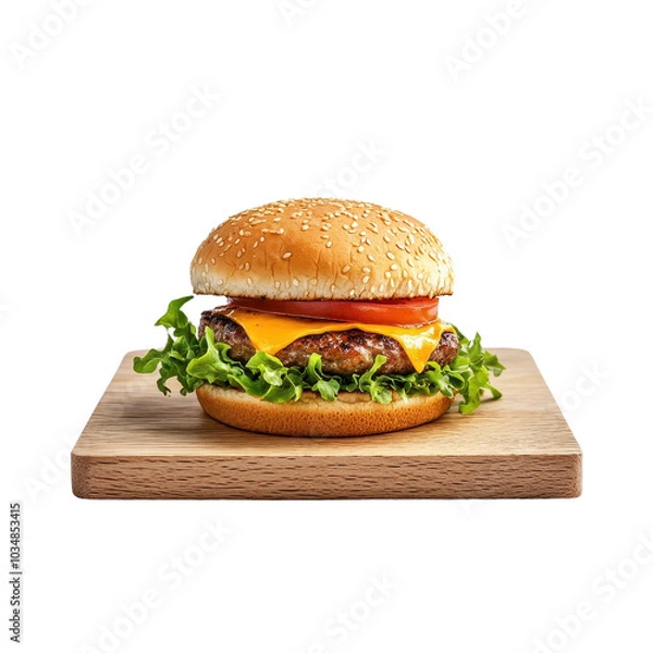 Fototapeta Cheeseburger on a wooden tray, isolated on a white background, rustic and inviting. cutout png