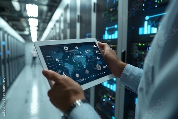 Obraz A professional analyzing data on a digital tablet in a high-tech server room filled with racks of servers and LED indicators