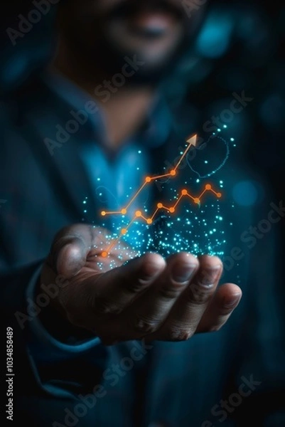 Fototapeta A business professional displaying a glowing upward trend in graphs while presenting innovative financial concepts in a modern office setting