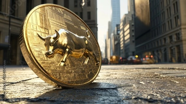 Obraz Photorealistic, ultra detailed image of a giant gold coin being lifted by the Wall Street Bull