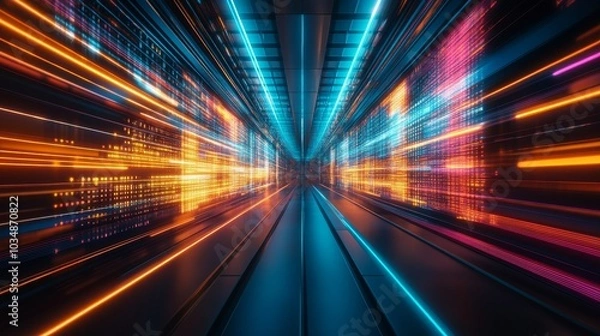 Fototapeta A vibrant, futuristic corridor with dynamic light streaks, suggesting speed and technology.