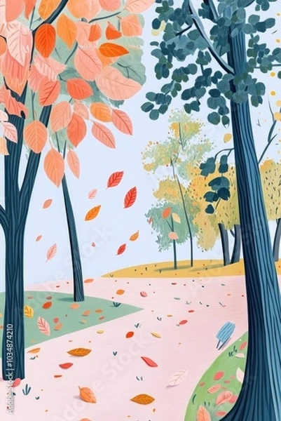 Fototapeta Coloring page of an autumn park scene filled with colorful leaves and sunny skies