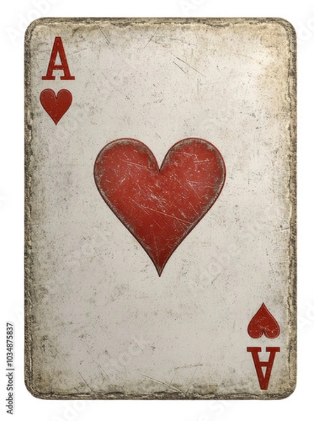 Fototapeta Worn ace of hearts card with vintage texture and transparent background.