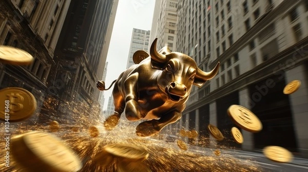 Obraz Photorealistic, ultra detailed image of gold coins swirling around the Wall Street Bull in a tornado-like motion
