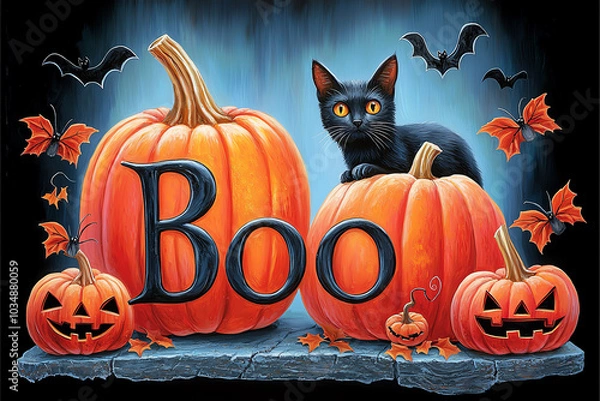 Obraz Spooktacular boo in bright orange surrounded by eerie pumpkins and a mysterious black cat
