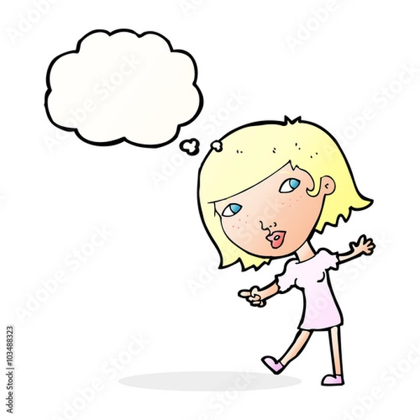 Obraz cartoon happy girl gesturing to follow with thought bubble