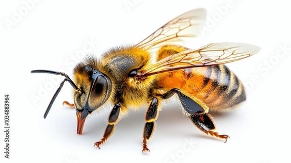Fototapeta A photostock images of a close-up honeybee, isolated on white background, High Quality