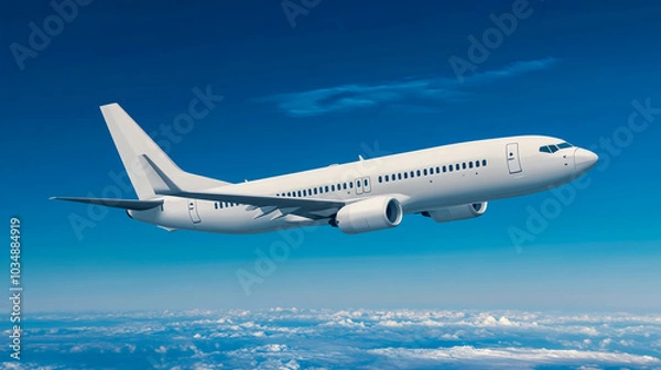 Obraz A white passenger plane flying in the sky, vector illustration, simple flat style.
