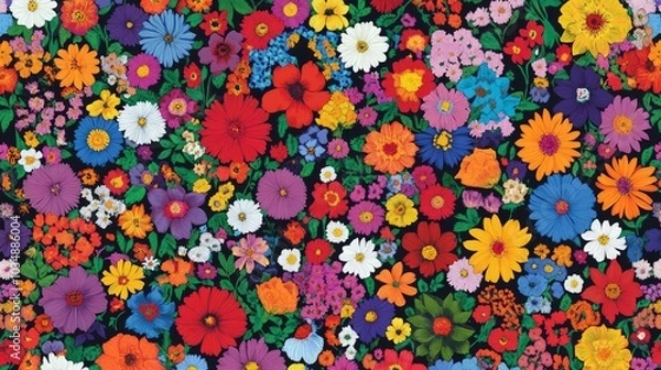 Fototapeta Bright and vibrant seamless floral pattern with an array of multicolored flowers, perfect for textile design, wallpapers, or artistic backgrounds.