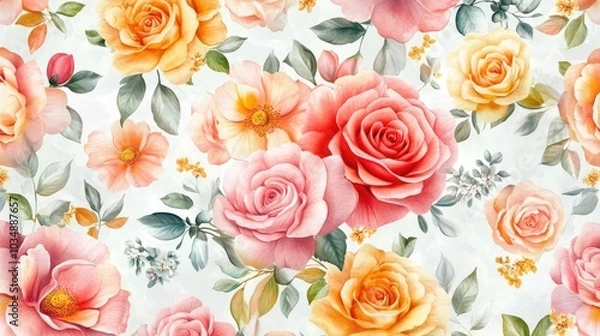 Fototapeta Seamless floral design with soft, colorful flowers scattered throughout, perfect for creating beautiful fabric prints, wallpapers, or fresh backgrounds.