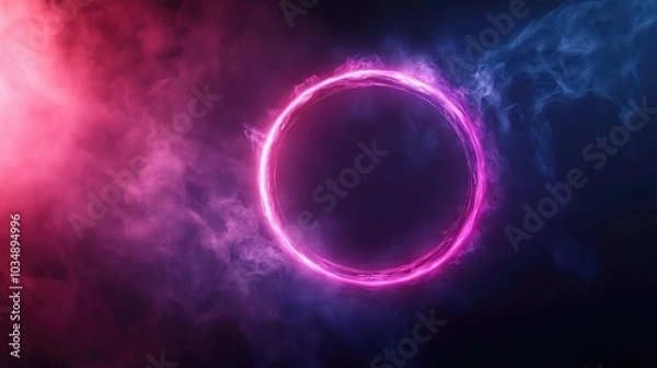 Fototapeta Abstract Futuristic Background Featuring a Glowing Pink and Purple Ring with Atmospheric Smoke Effects
