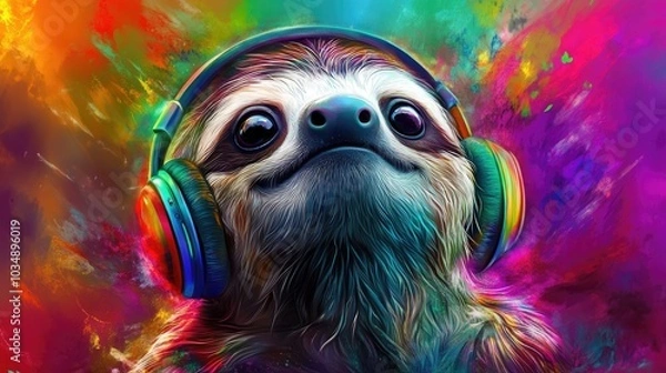 Fototapeta Sloth adorned with bright headphones beckoning into a realm of enchanting whimsy and melodic allure