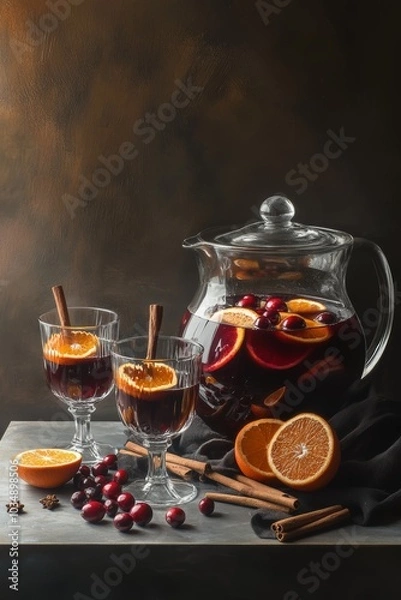 Fototapeta Mulled Wine with Oranges and Spices. A warm glass and pitcher of mulled wine garnished with oranges, cranberries, and cinnamon sticks, perfect for festive gatherings.