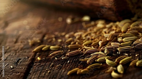 Fototapeta A few fennel seeds strewn across the surface of a wooden table