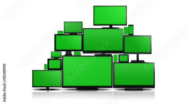 Obraz Many different types of screens. TVs, computer monitors, smartphones and tablets. They laid on each other in a pile isolated on a white background. They are all with a green screen.
