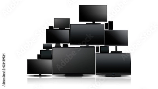 Obraz Many different types of screens. TVs, computer monitors, smartphones and tablets. They laid on each other in a pile isolated on a white background. They are all turned off with a black screen.